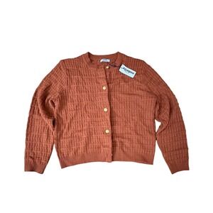 Zeagoo Rust Orange Textured Knit Cardigan Gold Crest Button Sweater Size M